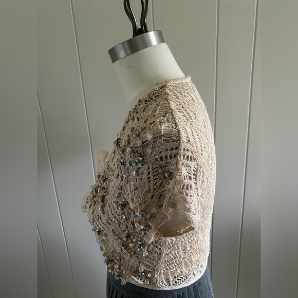 Cropped, cap sleeve, bolero cardigan with intricate pointelle stitch & beading. - Picture 3 of 5